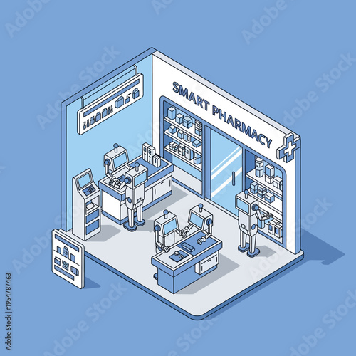 Isometric illustration of a smart pharmacy with robotic assistants and automated systems.