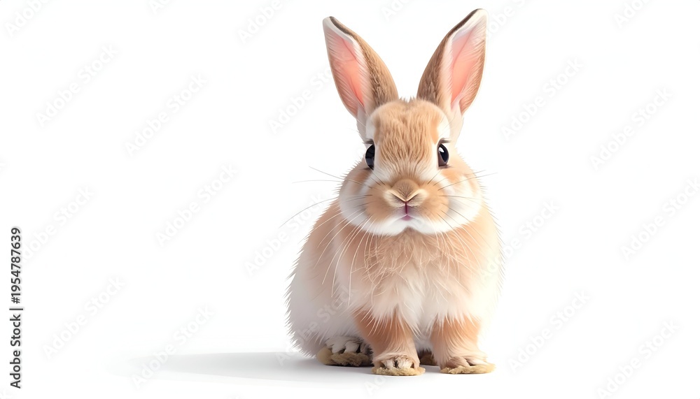 Fototapeta premium A frontal portrait of a fluffy, light brown bunny, looking straight at the viewer