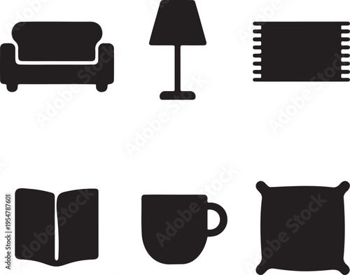A collection of black icons depicting common household furniture and everyday living room objects Vector, illustration