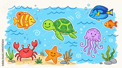 A playful and colorful crayon-style illustration features a variety of friendly cartoon sea creatures, including a turtle, fish, crab, jellyfish, and starfish, swimming in a bright blue ocean with.
