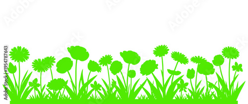 Spring wildflower border silhouette. Fresh blooming meadow grass and flowers, seasonal nature vector illustration