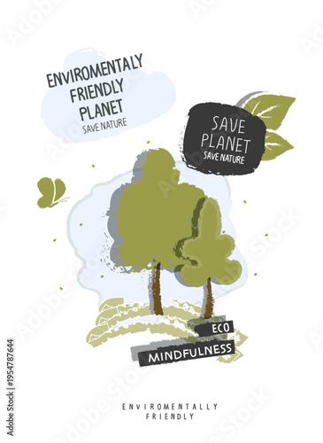 Vector cartoon sketch of green trees on the hills as a sing as a sign to stop deforestation.  Illustration of Environmentally friendly planet. Plant trees. Save forest and our planet.	
