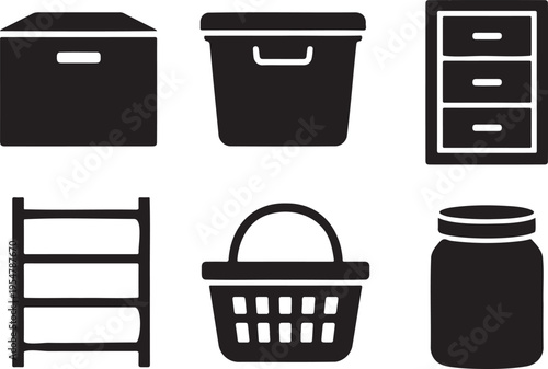 A collection of black icons representing various storage solutions and household organization tools Vector, illustration