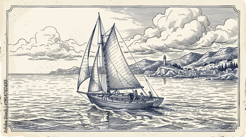 A vintage-style illustration depicts a sailboat with people on board sailing on wavy water near a picturesque coastal town featuring a lighthouse, hills, and trees.