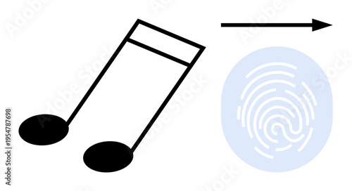 Digital music platforms, authentication, personalization, technology integration, music streaming, identity verification. Musical notes, fingerprint and arrow the shift to digital music. Digital
