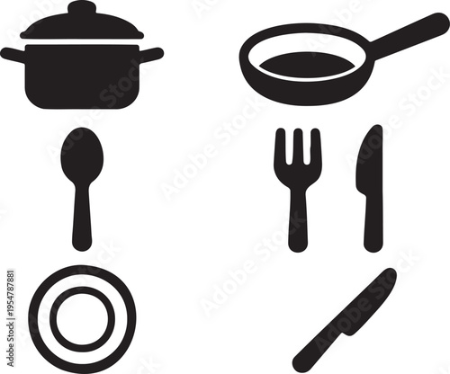 A collection of black silhouette icons representing essential kitchenware and dining table utensils Vector, illustration