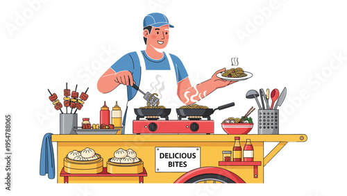 Culinary Craft on Wheels: An illustration showcases a street food vendor expertly preparing a variety of delectable dishes, a vibrant portrayal of culinary skill and entrepreneurial spirit.