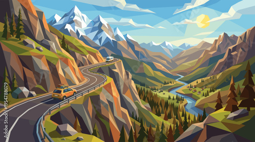 A scenic winding mountain road with a car and RV travels through a valley with a river and small village in a geometric, low-poly style.