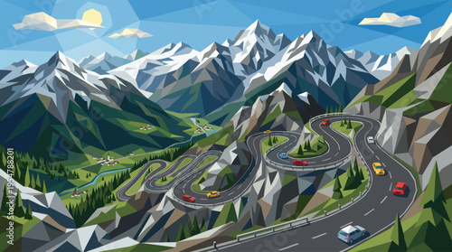 This vector illustration features a vibrant, low-polygon landscape of a winding mountain road with cars, leading towards majestic snow-capped peaks under a clear blue sky.