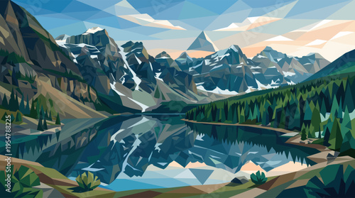 A stylized, low-polygon landscape depicts a serene mountain lake reflecting snow-capped peaks and a colorful sky, evoking a sense of natural beauty and tranquility.
