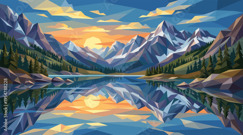 This abstract geometric artwork depicts a serene mountain lake at sunset, with sharp peaks and pine trees reflected in the still water under a vibrant, colorful sky.