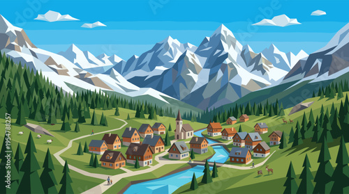 A stylized, low-polygon illustration depicts a charming alpine village nestled in a lush green valley, surrounded by majestic snow-capped mountains under a clear blue sky.