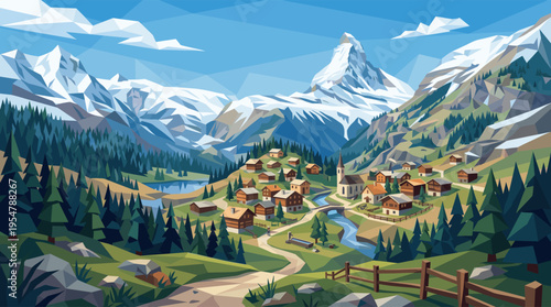 A stylized geometric illustration of a picturesque alpine village nestled in a valley, with snow-capped mountains and a clear blue sky above.