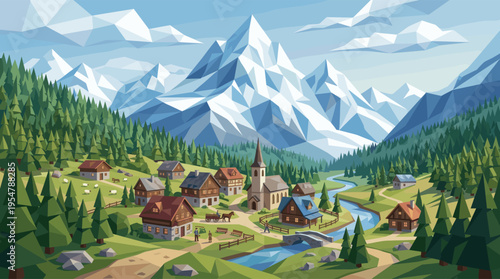 A picturesque polygonal mountain village nestles in a valley beside a winding river, surrounded by evergreen forests and snow-capped peaks.