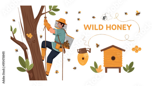 Wild Honey Harvest: A dedicated beekeeper scales a tree to collect wild honey, surrounded by buzzing bees, with a wooden beehive and golden honeycombs showcasing the beauty of nature's sweetness.