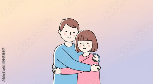 Tender cartoon man and woman hug pastel background affectionate embrace love warmth illustration