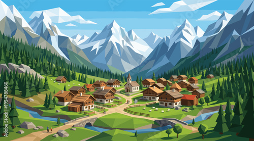 A picturesque low-poly illustration of a quaint alpine village nestled amidst lush green hills and majestic snow-capped mountains under a clear blue sky.