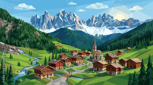 A low-poly geometric art style illustration of a picturesque alpine village nestled in a lush green valley with majestic snow-capped mountains in the background under a clear blue sky.