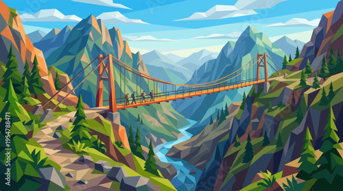 A group of hikers traverses a suspension bridge over a deep canyon with a winding river below, surrounded by geometric mountains.