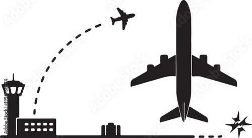 Set of 3 airport icons vector, black silhouette