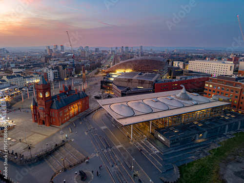 Obraz na plátně Aerial drone image of the Senedd Welsh Parliament building in Cardiff Bay, Wales