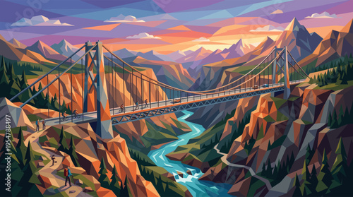 Geometric mountain scenery with a suspension bridge and river below, under a colorful twilight sky, showing people cycling and hiking.