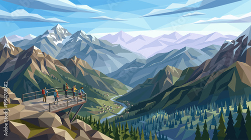 A group of hikers with backpacks stand on a wooden balcony overlooking a picturesque mountain valley with a river, village, and evergreen trees.