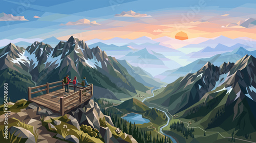 Three hikers stand on a wooden platform overlooking a vast mountain valley at sunset, with a river, lake, and village below.