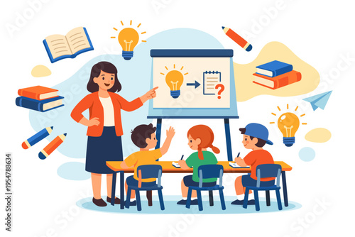 Teacher instructing a student in a classroom setting with books and pencils.