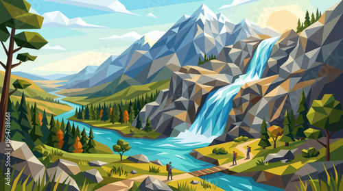 Stylized geometric mountain landscape with a river, waterfall, trees, and hikers crossing a bridge under a bright sky.