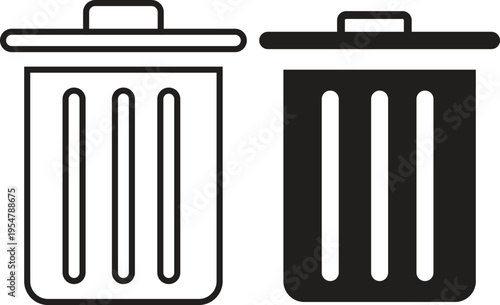 Two simple graphic icons of a trash can, one outlined and one filled, representing deletion or recycling.