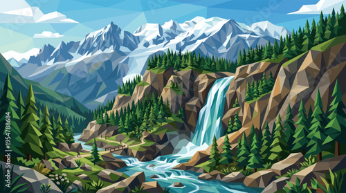 A vibrant, low-poly geometric illustration depicts a breathtaking mountain range with snow-capped peaks overlooking a lush pine forest and a cascading waterfall.