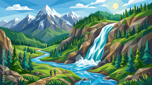 Two hikers with backpacks walk along a trail next to a winding river and a majestic waterfall, surrounded by geometric mountains and pine trees under a bright sunny sky.