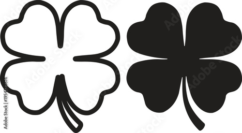 Vector illustration of two four-leaf clovers, a lucky charm, one as an outline and the other filled in black, representing good fortune and nature.