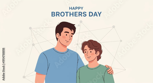 Happy brothers day two brothers smiling together with arms around each other on a beige background with a network pattern