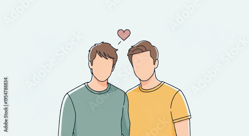 Loving male couple standing together with heart above their heads in a romantic gesture on a plain background
