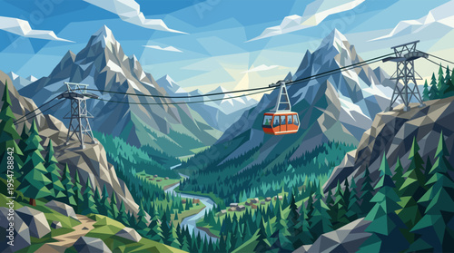 A low-poly, geometric illustration depicts an orange gondola traversing a cable over a lush green valley with a winding river and snow-capped mountains.