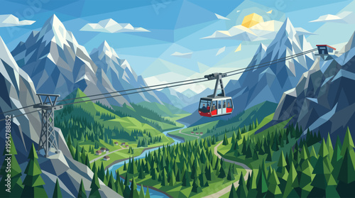 A modern, geometric illustration depicts a red cable car suspended over a lush green valley with snow-capped mountains, a winding river, and a small village under a clear blue sky with sun.