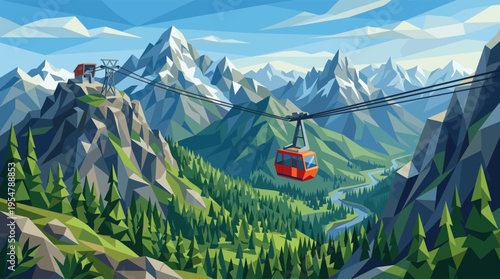 An aerial tramway cabin travels through a stylized mountainous landscape with jagged peaks, green pine forests, and a winding river below.