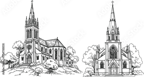 Black and white of two gothic churches with steeples and trees