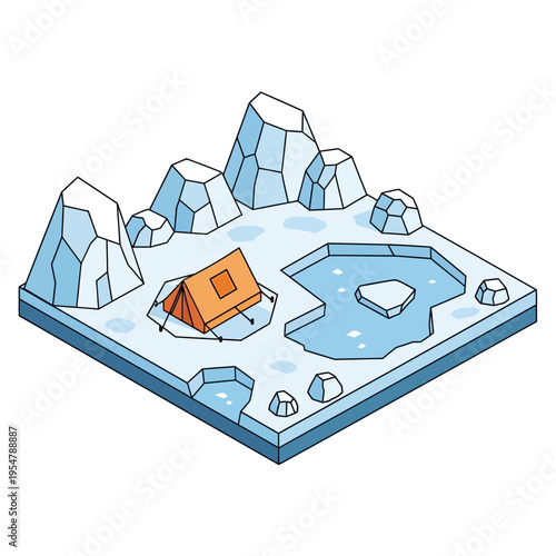 An isometric illustration of a campsite on a frozen arctic landscape with ice formations.