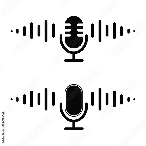 Microphone icon with audio sound wave frequency visualization set
