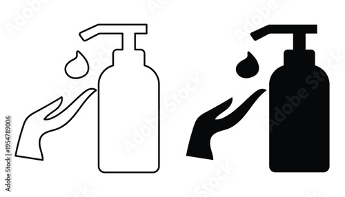Hand sanitizer dispenser bottle icon with liquid drop and hand