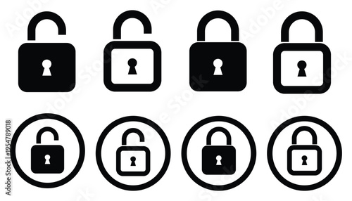 Security lock icon set with open and closed padlock variations