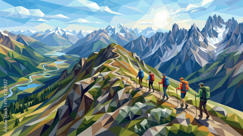 A group of hikers with backpacks and trekking poles ascend a winding mountain path, overlooking a majestic valley with a river and snow-capped peaks under a bright sun and blue sky.