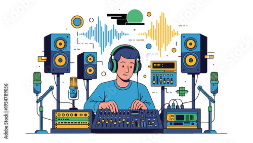 Sound engineer in action: A sound engineer immersed in the world of audio, expertly manipulating the soundboard, surrounded by essential equipment for creating and shaping sound.