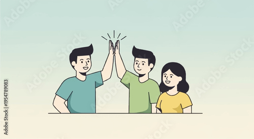 Three colleagues celebrate success with high five gesture in office