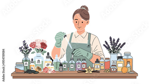 Crafting Aromas: A skilled artisan, enveloped in an aura of expertise and passion, delicately crafts fragrances with precise care.