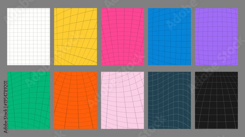 Vector illustration. A set of ten colorful minimalist posters featuring distorted grid patterns. Vibrant backgrounds with perspective, bulge, and wave effects for modern graphic design projects