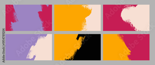 Vector illustration. Set of colorful grunge backgrounds with halftone dots, ink splatters, and brush strokes. Distressed panoramic wallpapers. Design for social media, web banner